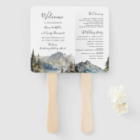 Mountain lakeside forest wedding program fan