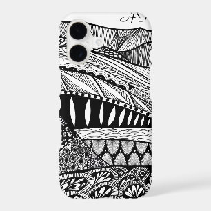 Mountain landscape abstract black white doodle art