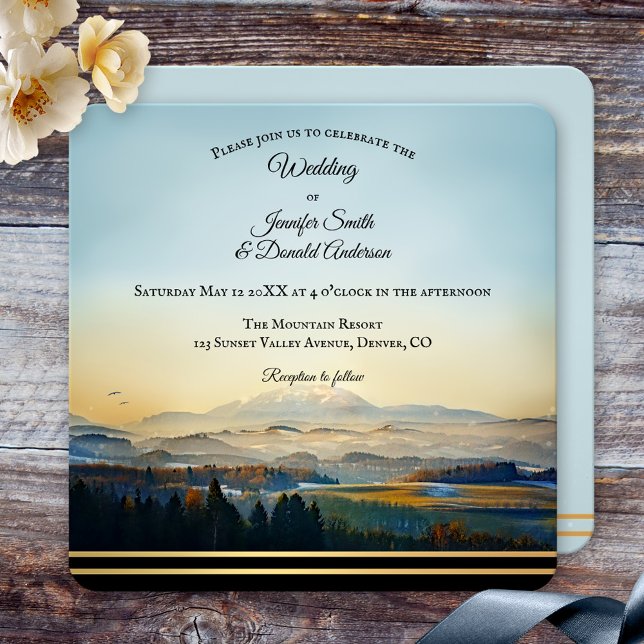 Mountain Landscape Painting Artistic Wedding Invitation (Wedding invitation featuring a colorful landscape scene with mountains and a golden lining)
