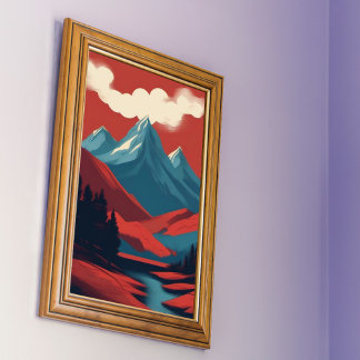 Mountain Landscape Red Blue Retro Illustration Poster