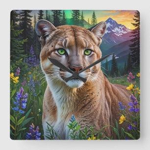 Mountain Lion Floral  Square Wall Clock