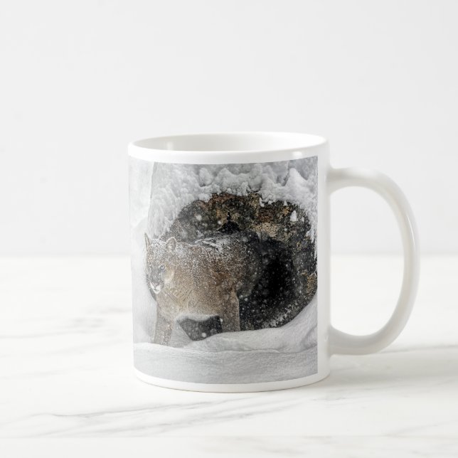 Mountain lion in snow coffee mug (Right)