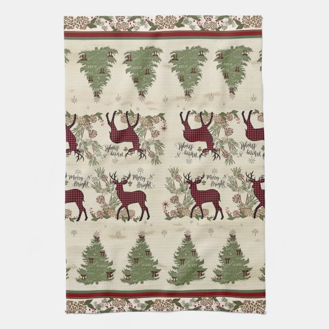 Mountain Lodge Christmas Tree Merry n Bright Deer Tea Towel (Vertical)