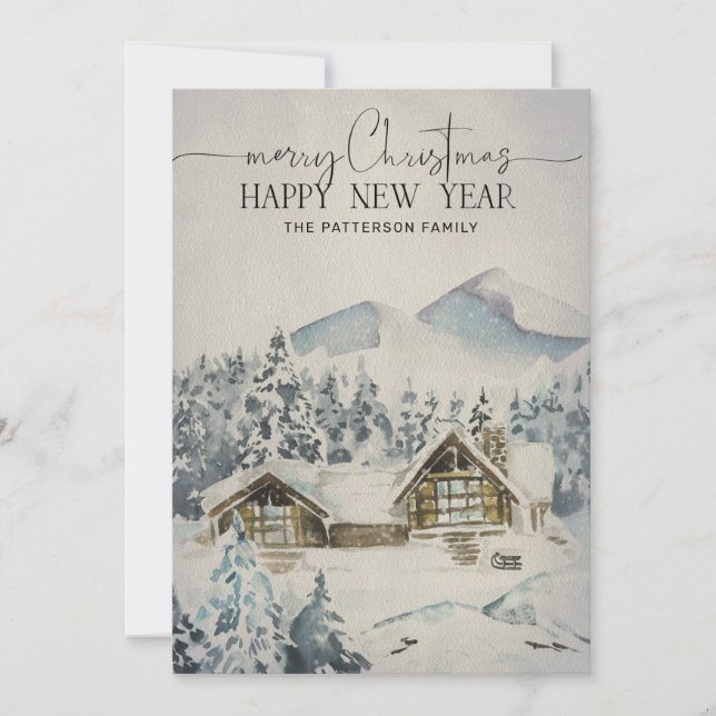Mountain Lodge Forest Snow Scene Christmas Card (Front)
