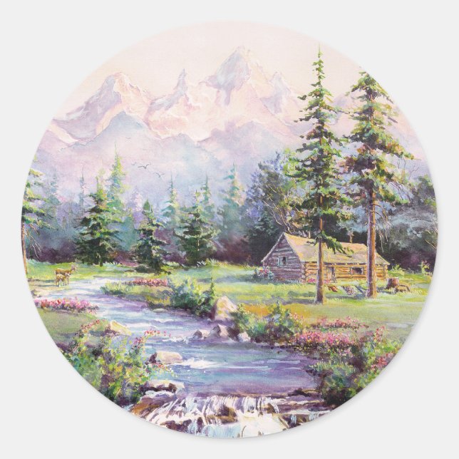 MOUNTAIN LOG CABIN by SHARON SHARPE Classic Round Sticker (Front)