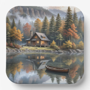 Mountain Log Cabin With Rowboat On a Lake Paper Plate
