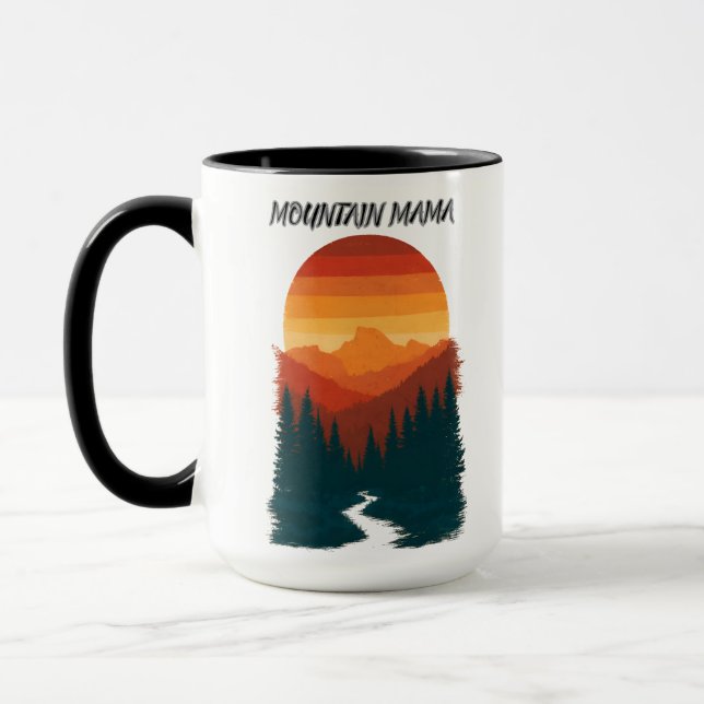 Mountain Mama Retro Sunset Forest Graphic Mug (Left)