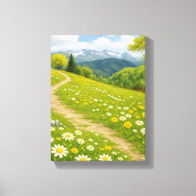 Mountain Meadow Path with Spring Daisies Art Canvas Print (Front)