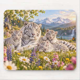 Mountain Meadow White Tiger Family Design Mouse Pad