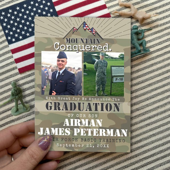 Mountain Military Basic Training Photo Graduation Announcement (mountain conquered military basic training graduation social media post announcement, air force army)