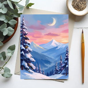 Mountain Moon Winter Watercolor Painting Postcard