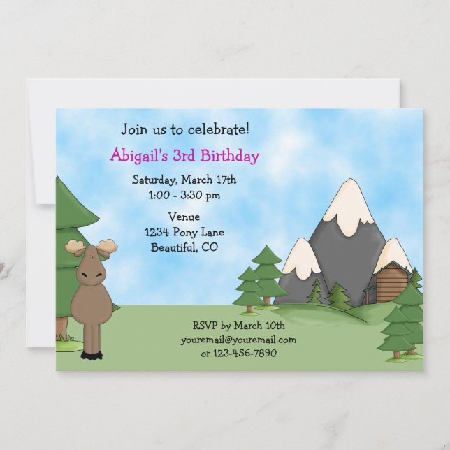 Mountain Moose Birthday Invitation for Girls (Front)