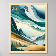 mountain painting abstract blue cloudy pine tree