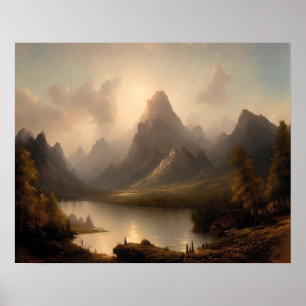 Mountain painting at lake - landscape art poster