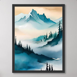 mountain painting blue hill fog cloud pine tree poster