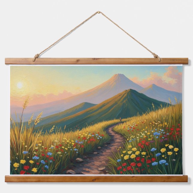 Mountain Pathway in Wildflower Meadow - Golden Hou Hanging Tapestry (Front)