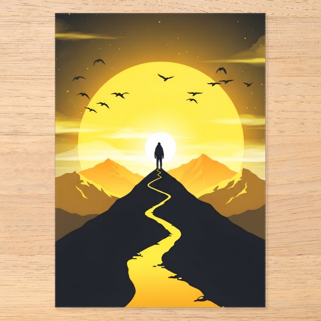 Mountain Peak Silhouette with a winding. Pedestal Acrylic Invitations (Front)