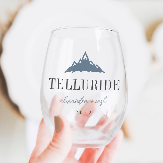 Mountain Peaks Destination Wedding Favour Stemless Wine Glass (Creator Uploaded)