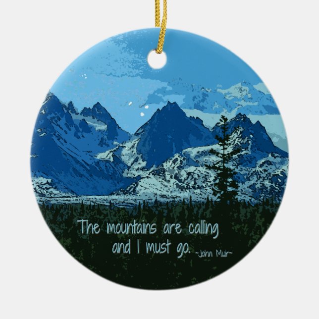 Mountain Peaks digital art - John Muir quote Ceramic Tree Decoration (Front)