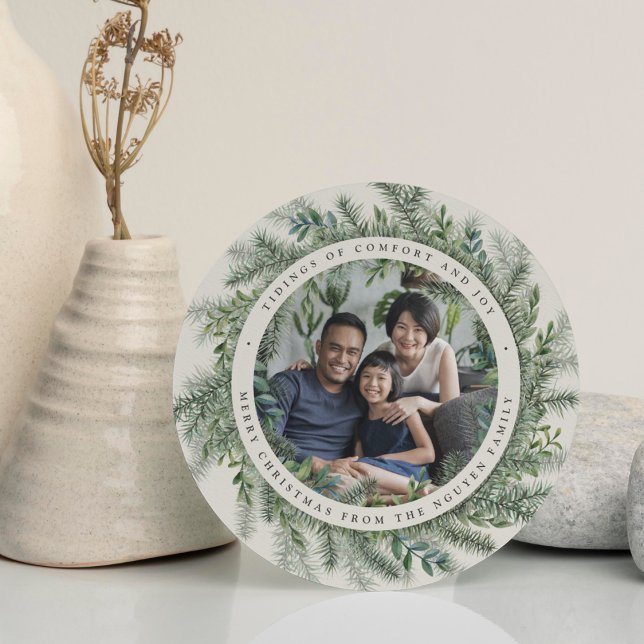 Mountain Pine | Round Holiday Photo Card (Creator Uploaded)