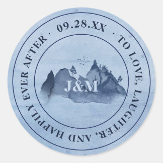Mountain Pine Trees Blue Monogram Wedding Classic Round Sticker