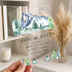 Mountain Pine Trees Forest Wedding Save the Date Acrylic Invitations