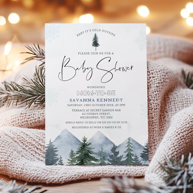 Mountain Pines Baby It's Cold Outside Baby Shower Invitation (Baby It's Cold Outside Baby Shower Invitation, Winter Themed Baby Shower Invite, Mountains Snow)