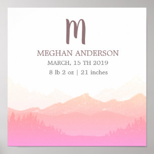 Mountain Pink Personalised Baby Birth Poster