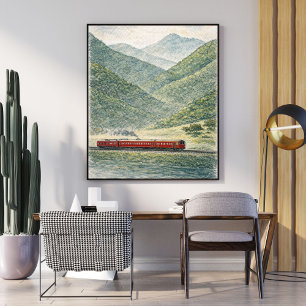 Mountain railway landscape countryside train poster