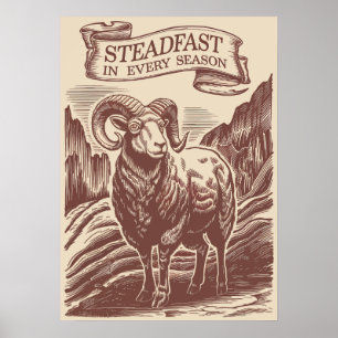 Mountain Ram Steadfast Nature Woodcut Design Poster
