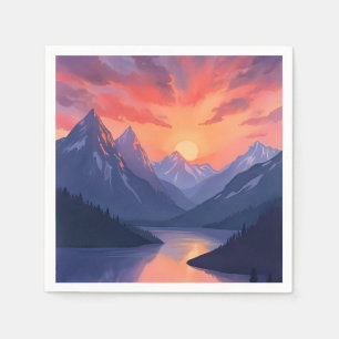 Mountain Range Sunset Watercolor Lake Landscape Napkin