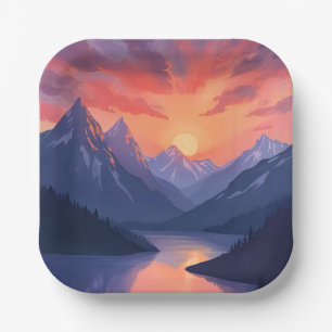 Mountain Range Sunset Watercolor Lake Landscape Paper Plate