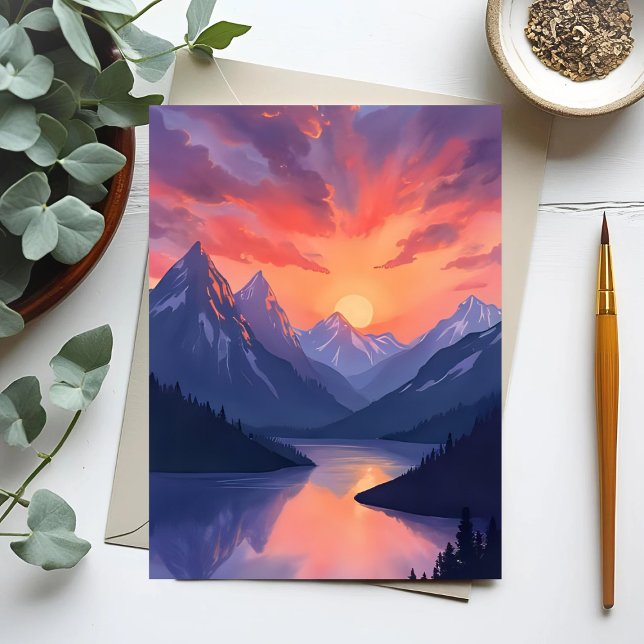 Mountain Range Sunset | Watercolor Lake Landscape Postcard (Creator Uploaded)