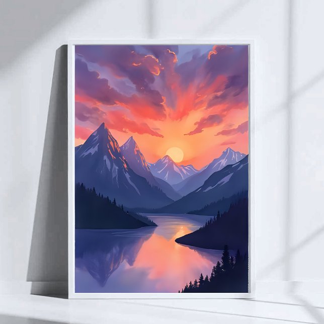 Mountain Range Sunset | Watercolor Lake Landscape Poster (Creator Uploaded)
