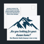 Mountain Real Estate Company Custom Marketing Postcard<br><div class="desc">A cool mountain range real estate company postcards for a realty business located in a mountainous city or town. Your message is written in navy blue script under the house among mountains. Great marketing postcard for a mountaintop home builder.</div>