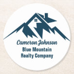 Mountain Real Estate Company Custom Marketing Round Paper Coaster<br><div class="desc">A cool mountain range real estate company paper coasters for a realty business located in a mountainous city or town. The realtor name is written in navy blue script under the house among mountains. Great marketing item for a mountaintop home builder.</div>
