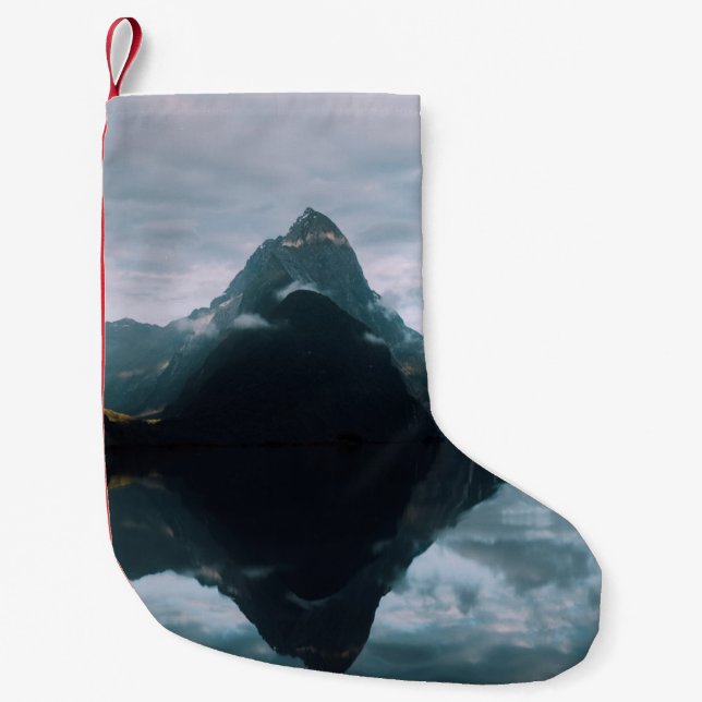 MOUNTAIN REFLECTION ON BODY OF WATER SMALL CHRISTMAS STOCKING (Front)