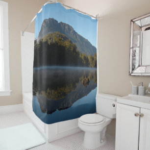 Mountain reflections in the lake landscape shower curtain