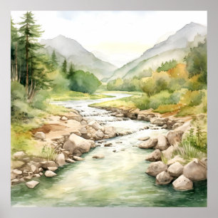 Mountain River Alaska Watercolor Painting Poster