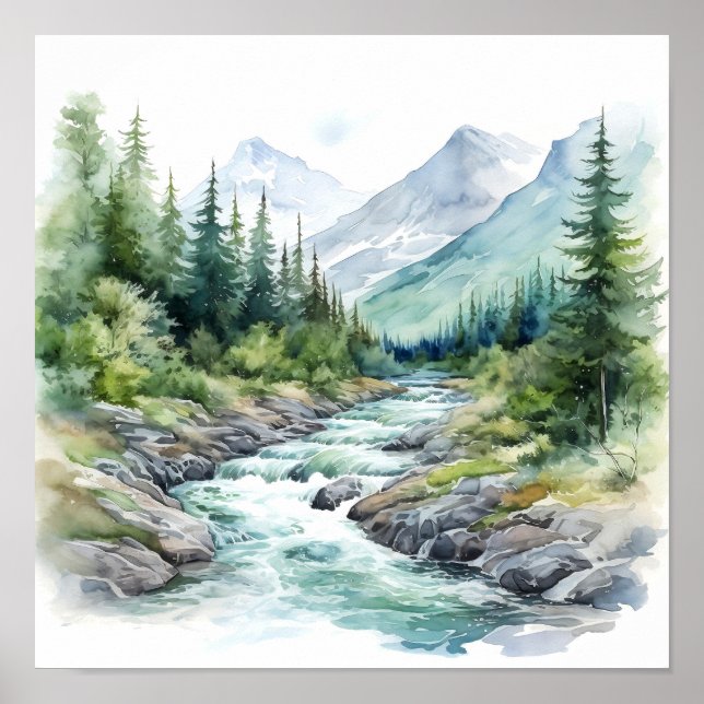  Mountain River Alaska Watercolor Painting Poster (Front)