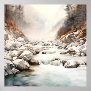 Mountain River Alaska Watercolor Painting Poster