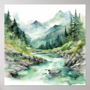 Mountain River Alaska Watercolor Painting Poster