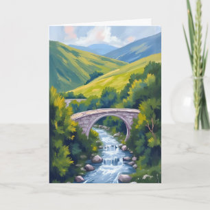 Mountain River Bridge Green Watercolor Landscape Card