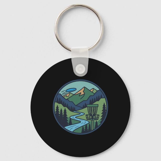 Mountain River Disc Golf Scene Flying Disc Basket  Key Ring (Front)