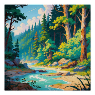 Mountain River Escape – Tranquil Forest Landscape Poster