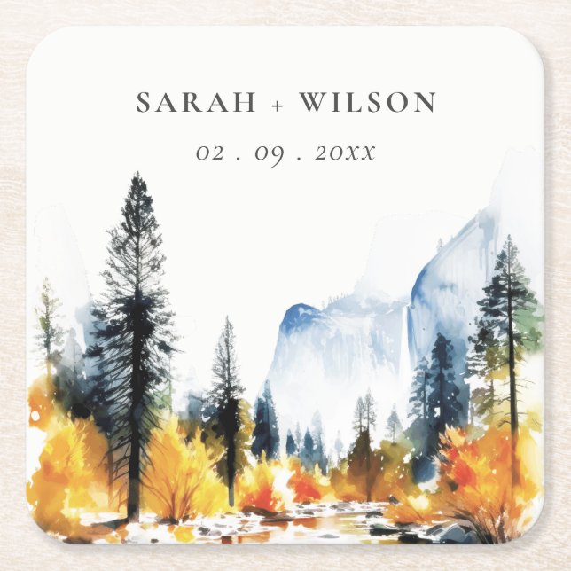 Mountain River Fall Winter Landscape Wedding Square Paper Coaster (Front)
