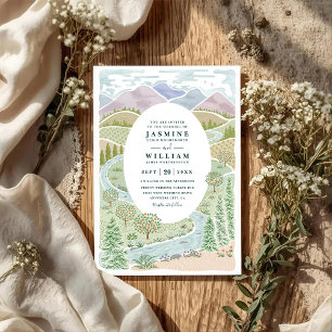 Mountain River Forest Trees Rustic QR Code Wedding Invitation