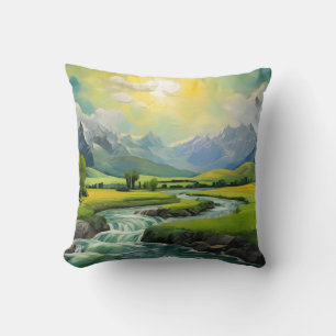 Mountain River Green Forest Sunset Cushion