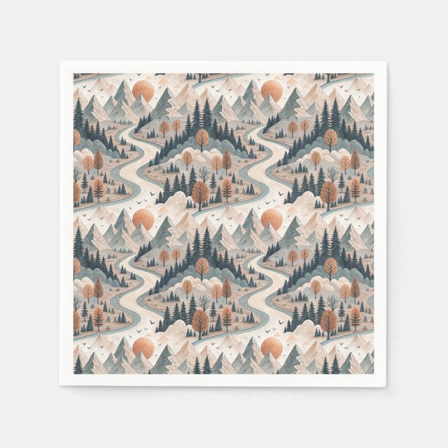 Mountain River Landscape Boho Abstract Pattern Art Napkin (Front)