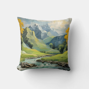 Mountain River Landscape Green Forest Cushion